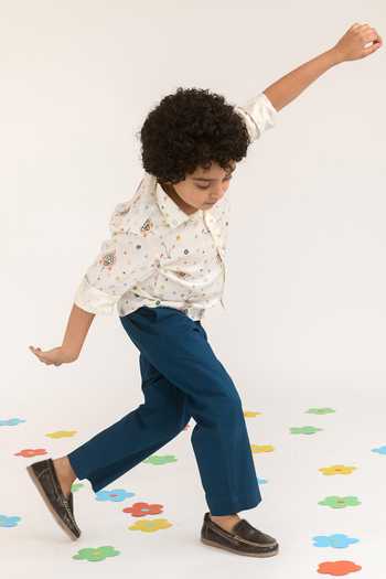 Shop_Littleens_Yellow Cotton Satin Embroidery Dusk And Dew Printed Shirt _Online_at_Aza_Fashions