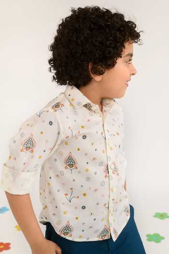 Littleens_Yellow Cotton Satin Embroidery Dusk And Dew Printed Shirt _at_Aza_Fashions
