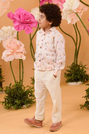 Littleens_Peach Cotton Satin Embroidery Roseship Printed Shirt _Online_at_Aza_Fashions