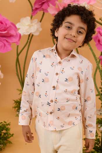 Buy_Littleens_Peach Cotton Satin Embroidery Roseship Printed Shirt _Online_at_Aza_Fashions
