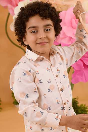 Shop_Littleens_Peach Cotton Satin Embroidery Roseship Printed Shirt _Online_at_Aza_Fashions