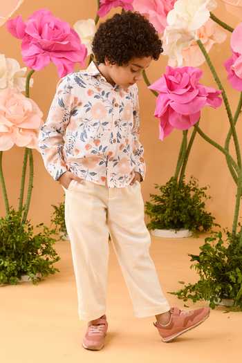 Littleens_Peach Cotton Satin Embroidery Elysian Vision Printed Shirt _Online_at_Aza_Fashions