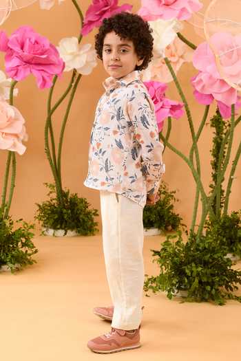 Buy_Littleens_Peach Cotton Satin Embroidery Elysian Vision Printed Shirt _Online_at_Aza_Fashions