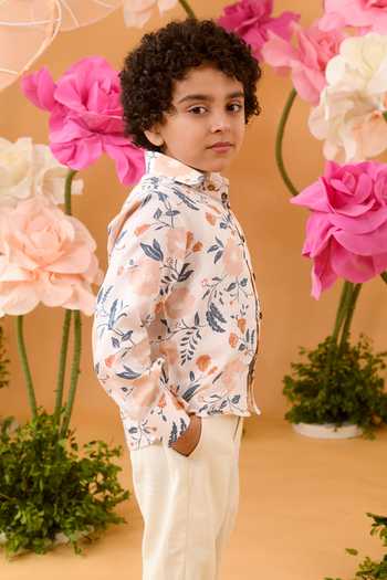 Shop_Littleens_Peach Cotton Satin Embroidery Elysian Vision Printed Shirt _Online_at_Aza_Fashions