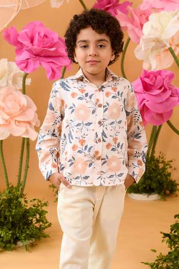 Littleens_Peach Cotton Satin Embroidery Elysian Vision Printed Shirt _at_Aza_Fashions