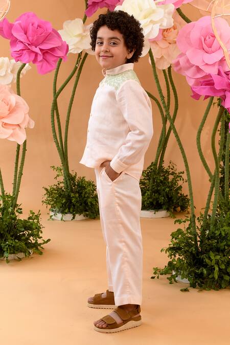 Littleens_Peach Cotton Satin Embroidery Bay Tree Shirt _Online_at_Aza_Fashions