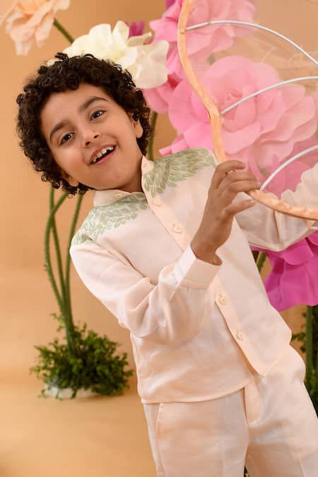 Buy_Littleens_Peach Cotton Satin Embroidery Bay Tree Shirt _Online_at_Aza_Fashions