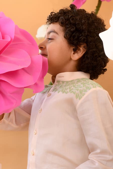 Shop_Littleens_Peach Cotton Satin Embroidery Bay Tree Shirt _Online_at_Aza_Fashions