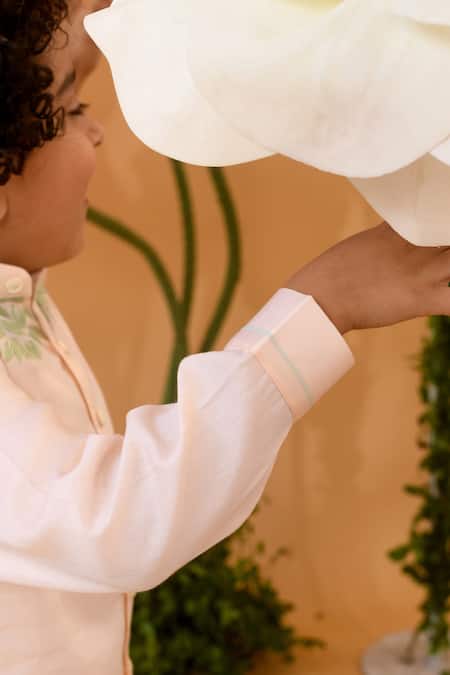 Littleens_Peach Cotton Satin Embroidery Bay Tree Shirt _at_Aza_Fashions