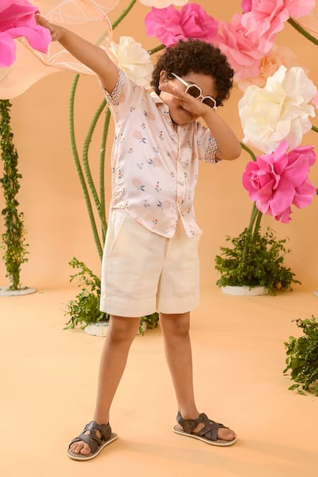 Littleens_Peach Satin Primrose Floral Print Shirt _Online_at_Aza_Fashions