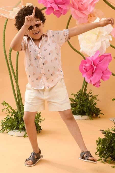 Buy_Littleens_Peach Satin Primrose Floral Print Shirt _Online_at_Aza_Fashions