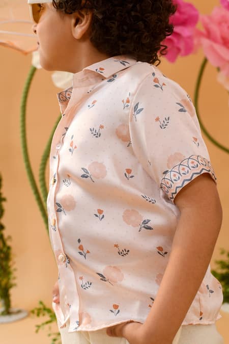 Littleens_Peach Satin Primrose Floral Print Shirt _at_Aza_Fashions