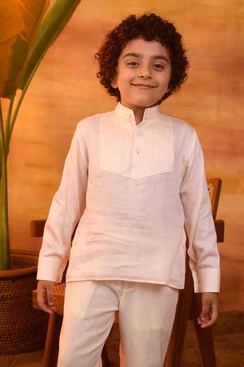 Shop Littleens Peach Cotton Satin Pecan Dribble Pintuck Shirt Online at Aza Fashions Shop_Littleens_Peach Cotton Satin Pecan Dribble Pintuck Shirt _Online_at_Aza_Fashions