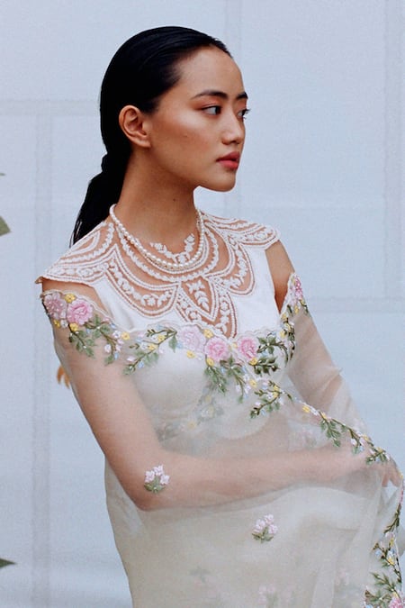 Archana Rao_Ivory Tulle, Satin Pearl Round Scallop Embroidered Blouse _Online_at_Aza_Fashions