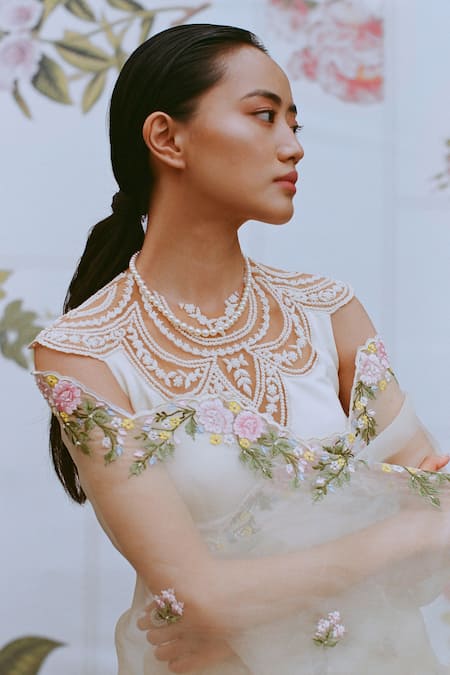 Buy_Archana Rao_Ivory Tulle, Satin Pearl Round Scallop Embroidered Blouse _Online_at_Aza_Fashions
