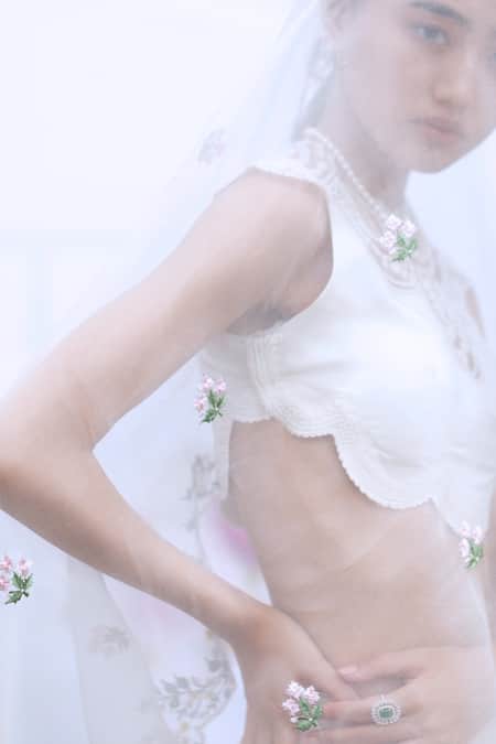 Shop_Archana Rao_Ivory Tulle, Satin Pearl Round Scallop Embroidered Blouse _Online_at_Aza_Fashions