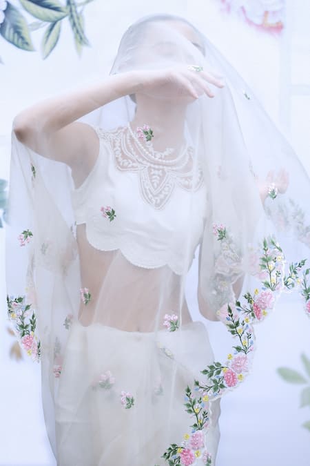Archana Rao_Ivory Tulle, Satin Pearl Round Scallop Embroidered Blouse _at_Aza_Fashions