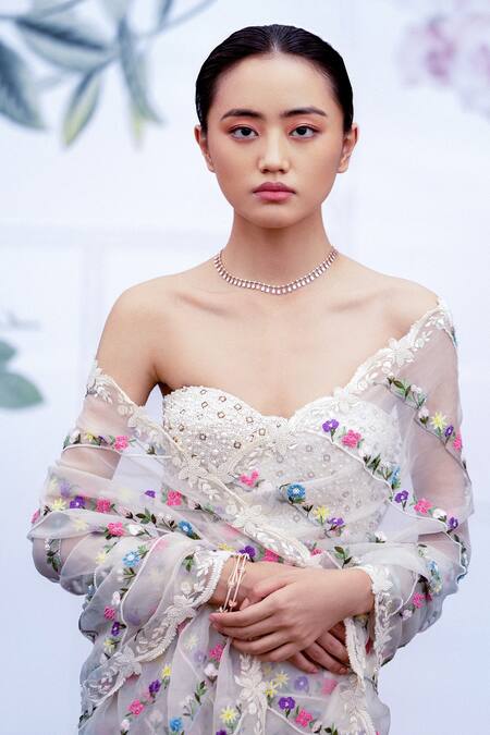 Archana Rao Ivory Silk Organza Embroidered Floral Bloom Saree Online at Aza Fashions Archana Rao_Ivory Silk Organza Embroidered Floral Bloom Saree _Online_at_Aza_Fashions