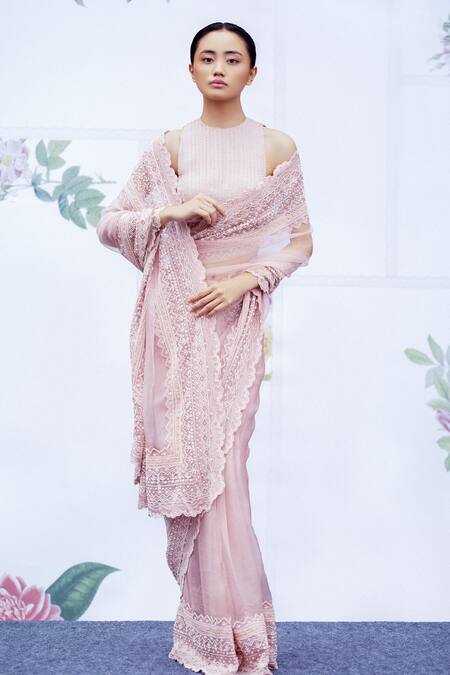 Archana Rao Pink Organza Pearl Round Pleated Drop Blouse Online at Aza Fashions Archana Rao_Pink Organza Pearl Round Pleated Drop Blouse _Online_at_Aza_Fashions