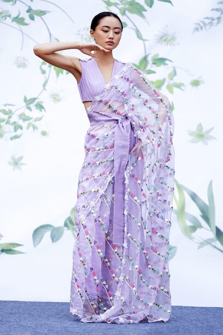 Buy Beatitude Purple Organza Saree with Unstitched Blouse online