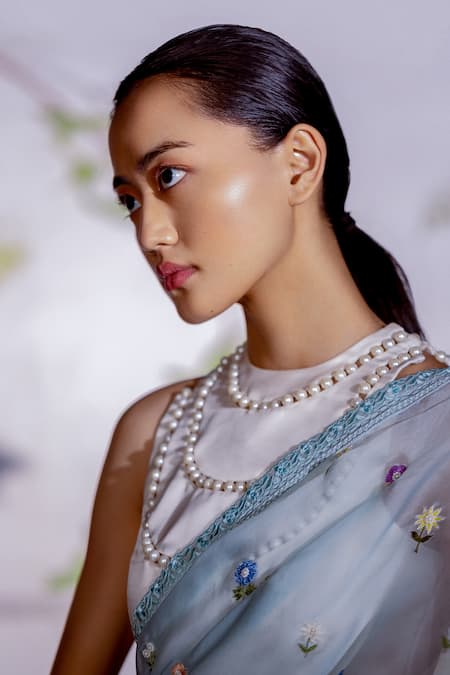 Archana Rao Blue Organza Embroidery Pearl Floral Saree Online at Aza Fashions Archana Rao_Blue Organza Embroidery Pearl Floral Saree _Online_at_Aza_Fashions