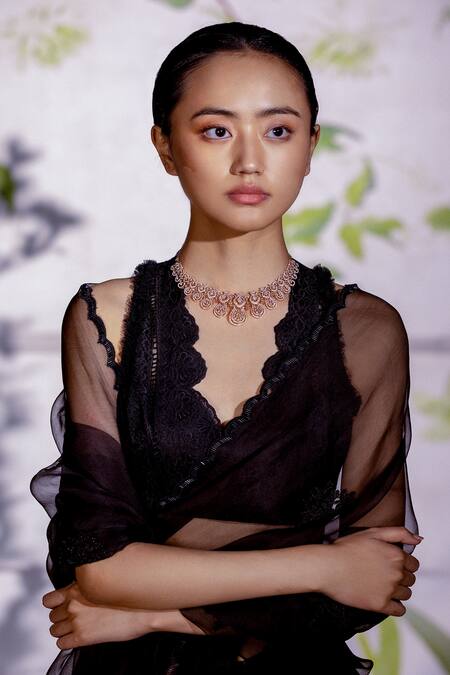 Archana Rao_Black Floral, Thread V Neck Embroidered Blouse _Online_at_Aza_Fashions