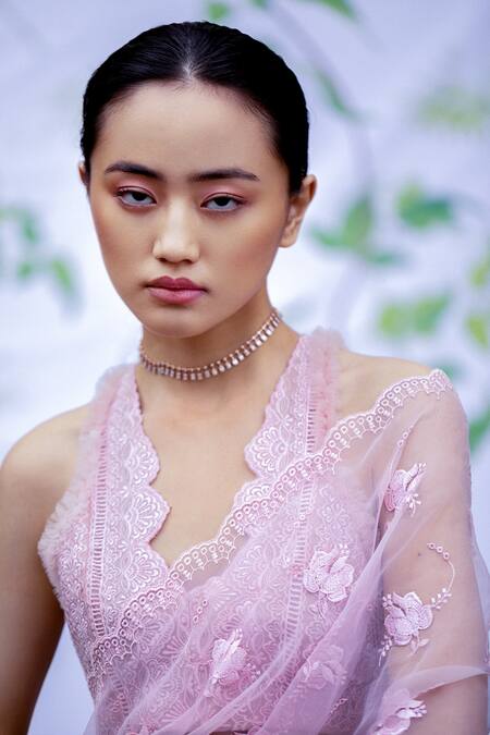 Buy_Archana Rao_Pink Organza Floral V Neck Embroidered Blouse _Online_at_Aza_Fashions