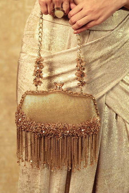 Shop_Tarun Tahiliani_Gold Embellished Chainmail Clutch Bag _at_Aza_Fashions