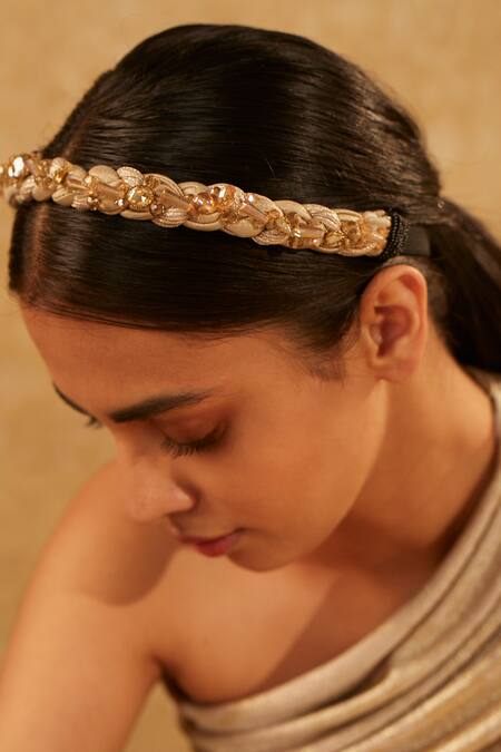 Shop_Tarun Tahiliani_Gold Beads, Crystals Braided Embellished Headband_at_Aza_Fashions