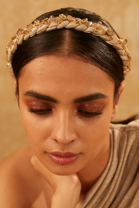 Tarun Tahiliani_Gold Beads, Crystals Braided Embellished Headband_Online_at_Aza_Fashions
