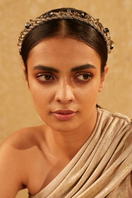 Buy_Tarun Tahiliani_Gold Beads, Rhinestones Embellished Braided Headband_Online_at_Aza_Fashions
