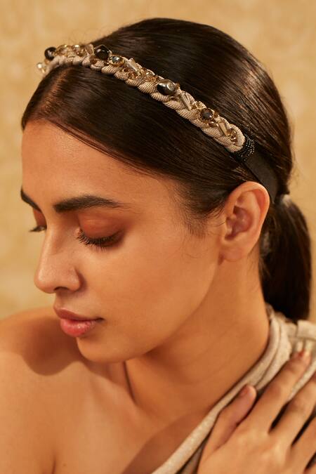 Shop_Tarun Tahiliani_Gold Beads, Rhinestones Embellished Braided Headband_Online_at_Aza_Fashions