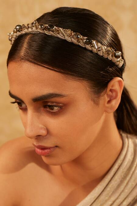 Tarun Tahiliani_Gold Beads, Rhinestones Embellished Braided Headband_at_Aza_Fashions