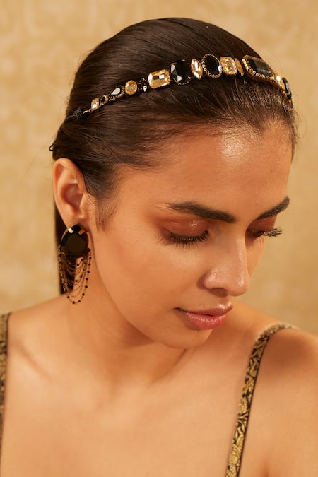 Tarun Tahiliani Black Embellished Graded Crystal Headband 