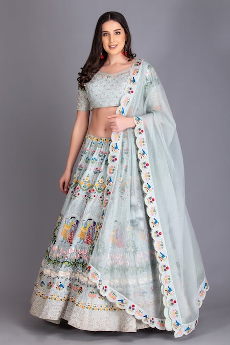 House Of Tushaom Blue Raw And Organza Resham, Sequin & Embroidered Bridal Lehenga Set