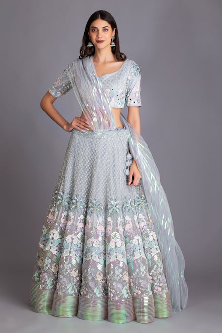 House Of Tushaom Blue Tulle Sequin And Cutdana Leaf Neck Embroidered Lehenga Set