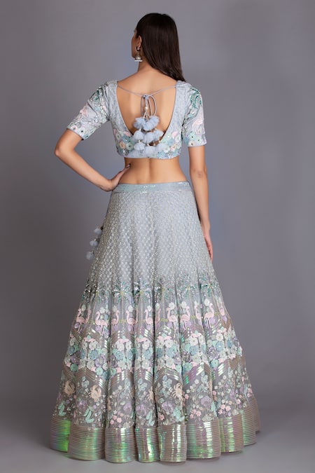 Shop House Of Tushaom Blue Tulle Sequin And Cutdana Leaf Neck Embroidered Lehenga Set at Aza Fashions Shop_House Of Tushaom_Blue Tulle Sequin And Cutdana Leaf Neck Embroidered Lehenga Set _at_Aza_Fashions