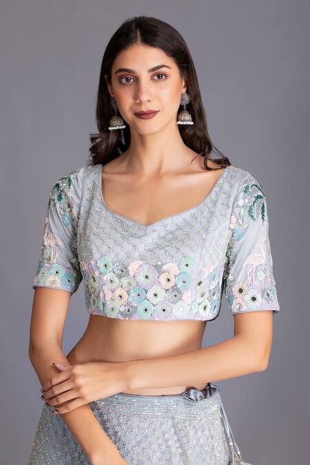 Buy House Of Tushaom Blue Tulle Sequin And Cutdana Leaf Neck Embroidered Lehenga Set Online at Aza Fashions Buy_House Of Tushaom_Blue Tulle Sequin And Cutdana Leaf Neck Embroidered Lehenga Set _Online_at_Aza_Fashions