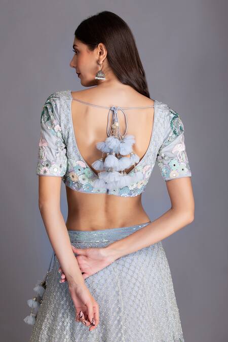 House Of Tushaom Blue Tulle Sequin And Cutdana Leaf Neck Embroidered Lehenga Set at Aza Fashions House Of Tushaom_Blue Tulle Sequin And Cutdana Leaf Neck Embroidered Lehenga Set _at_Aza_Fashions