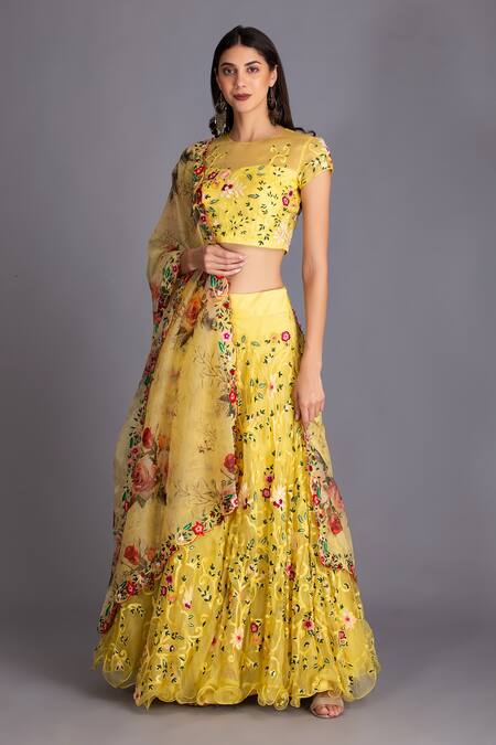 House Of Tushaom Yellow Organza Cutdana And Thread, Floral Print, Sequin Round Embroidered Lehenga Online at Aza Fashions House Of Tushaom_Yellow Organza Cutdana And Thread, Floral Print, Sequin Round Embroidered Lehenga _Online_at_Aza_Fashions