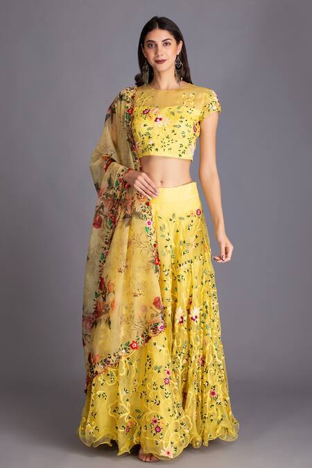 Buy House Of Tushaom Yellow Organza Cutdana And Thread, Floral Print, Sequin Round Embroidered Lehenga Online at Aza Fashions Buy_House Of Tushaom_Yellow Organza Cutdana And Thread, Floral Print, Sequin Round Embroidered Lehenga _Online_at_Aza_Fashions