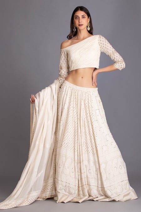 House of Tushaom Off White Georgette Embroidery Chikankari One Shoulder Lehenga Set 