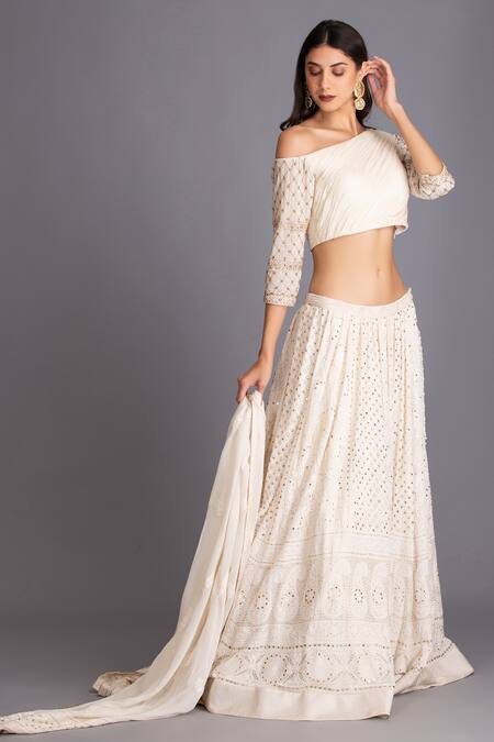 House Of Tushaom_Off White Georgette Chikankari, Sequin And Cutdana One Shoulder Lehenga Set _Online_at_Aza_Fashions