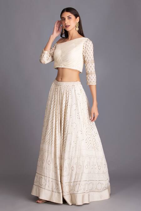 Buy_House Of Tushaom_Off White Georgette Chikankari, Sequin And Cutdana One Shoulder Lehenga Set _Online_at_Aza_Fashions