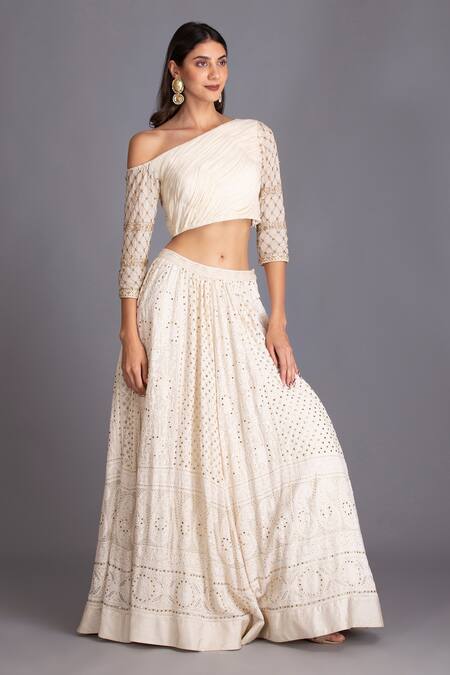 Shop_House Of Tushaom_Off White Georgette Chikankari, Sequin And Cutdana One Shoulder Lehenga Set _Online_at_Aza_Fashions