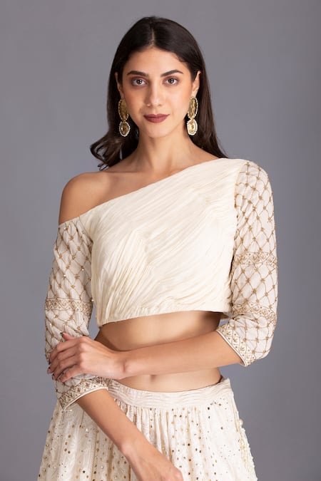 House Of Tushaom_Off White Georgette Chikankari, Sequin And Cutdana One Shoulder Lehenga Set _at_Aza_Fashions