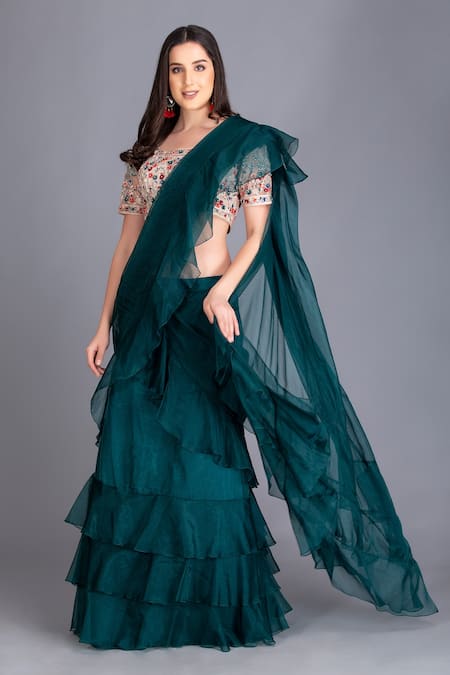 House Of Tushaom Green Tulle And Silk Organza Sequin & Thread, Beads Pre-draped Saree With Blouse