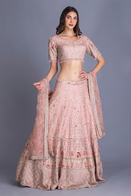 House Of Tushaom Pink Raw And Organza Embroidery Dabka & Sequin Leaf Bridal Lehenga Set