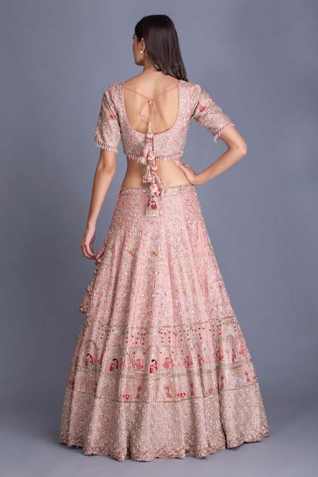 Shop House Of Tushaom Pink Raw And Organza Embroidery Dabka & Sequin Leaf Bridal Lehenga Set at Aza Fashions Shop_House Of Tushaom_Pink Raw And Organza Embroidery Dabka & Sequin Leaf Bridal Lehenga Set _at_Aza_Fashions