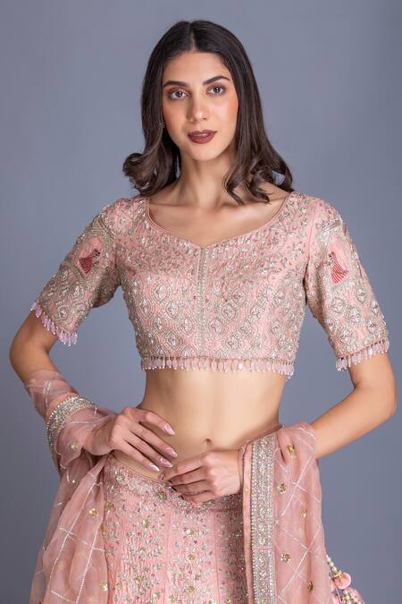 Buy House Of Tushaom Pink Raw And Organza Embroidery Dabka & Sequin Leaf Bridal Lehenga Set Online at Aza Fashions Buy_House Of Tushaom_Pink Raw And Organza Embroidery Dabka & Sequin Leaf Bridal Lehenga Set _Online_at_Aza_Fashions